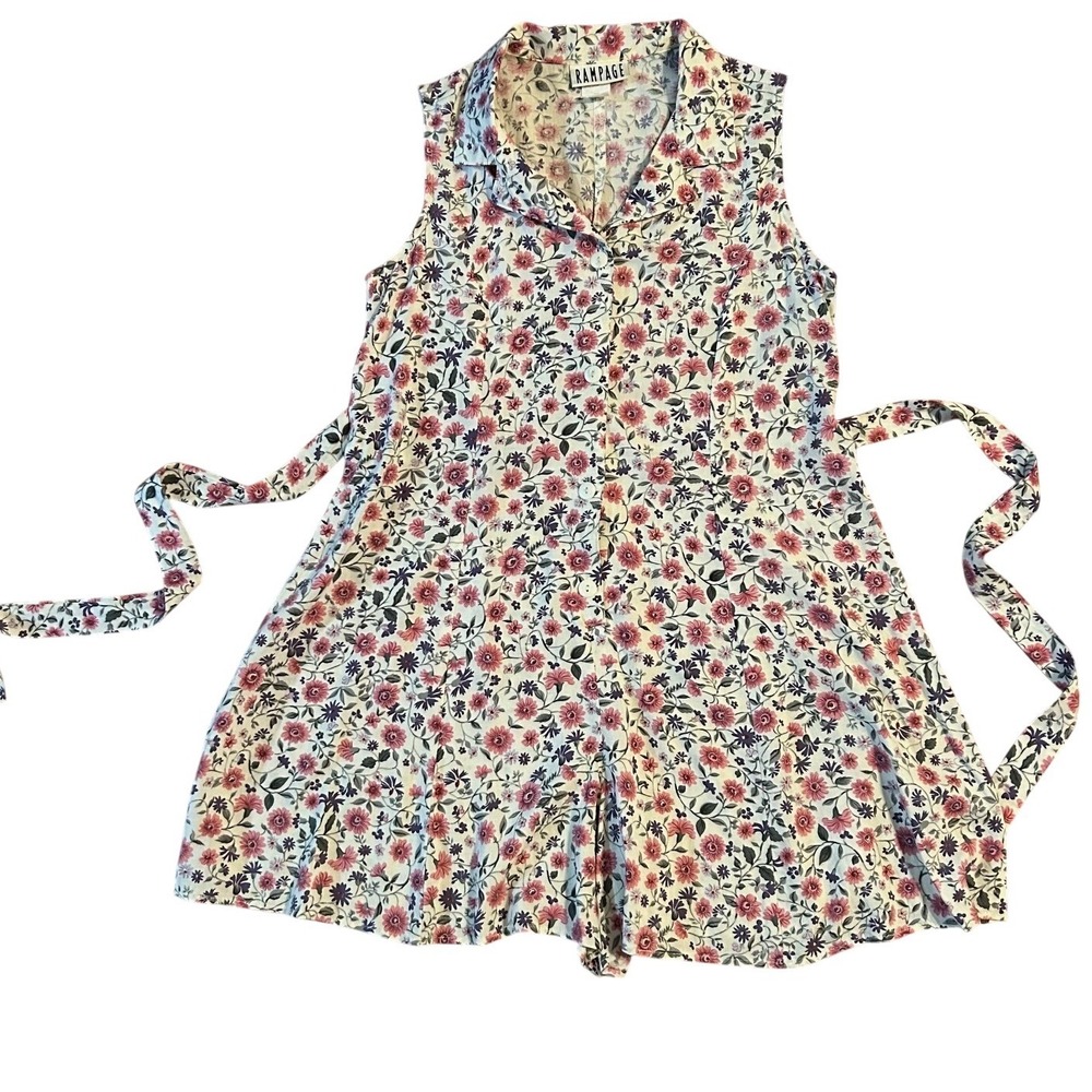 TWEEN Girls Pink Purple Floral Button Front Tie Back Romper Size 16 Cottage Boho